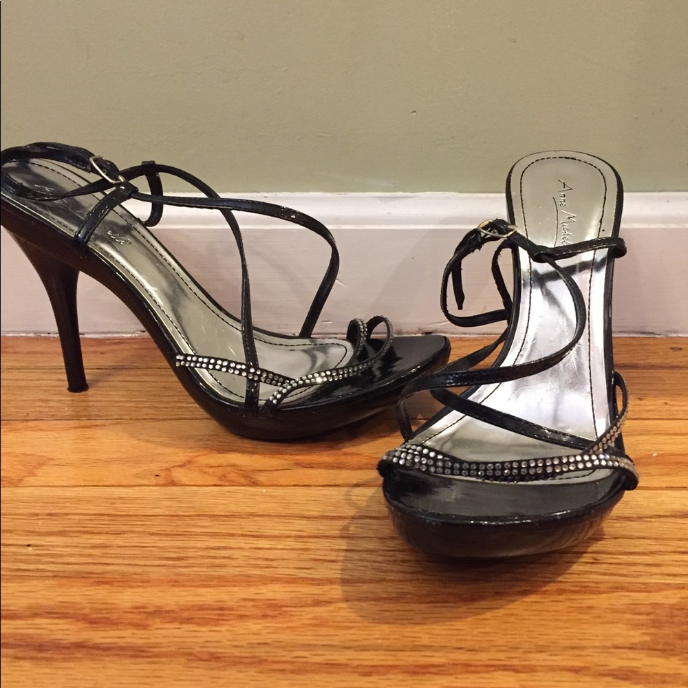 Black strappy stiletto heels with small gems